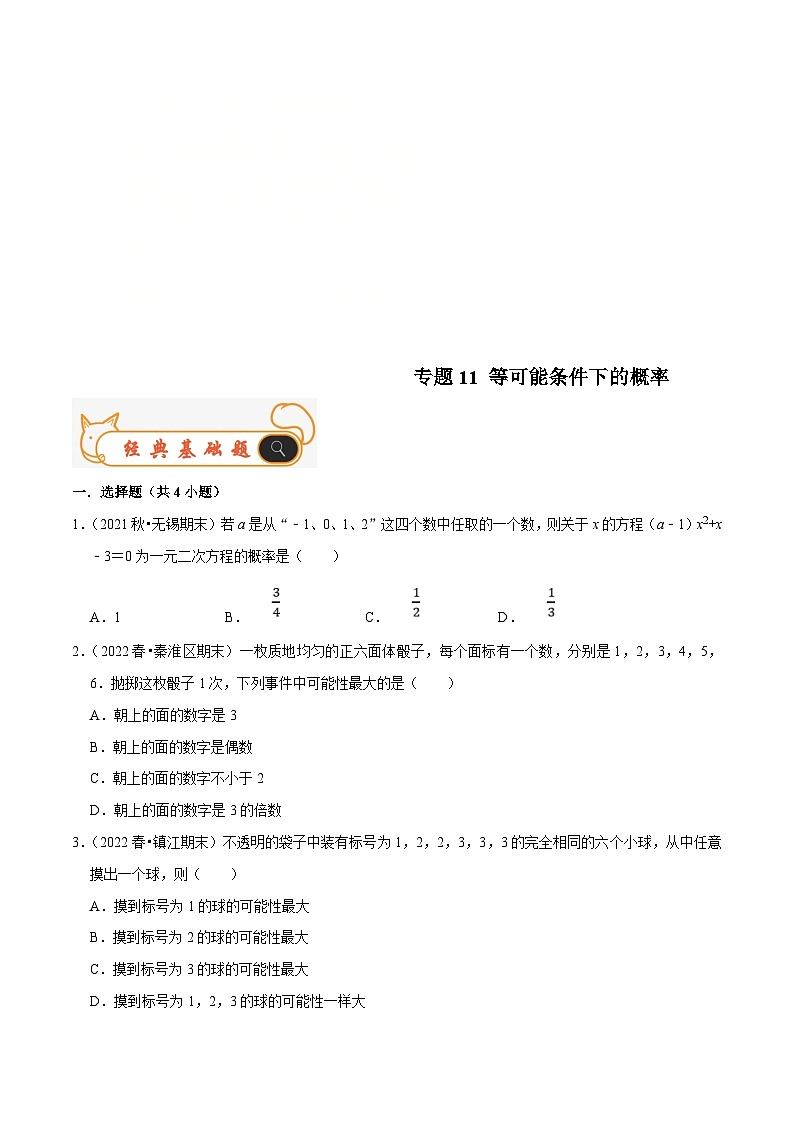 苏科版数学九年级上册期末专题训练专题11 等可能条件下的概率（原卷版）第1页