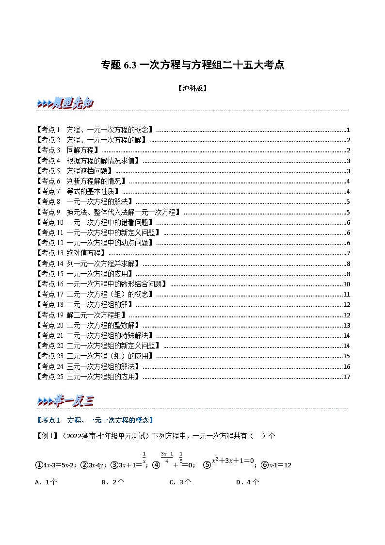 沪科版数学七年级上册专题6.3 期末专项复习之一次方程与方程组二十五大必考点（原卷版）第1页