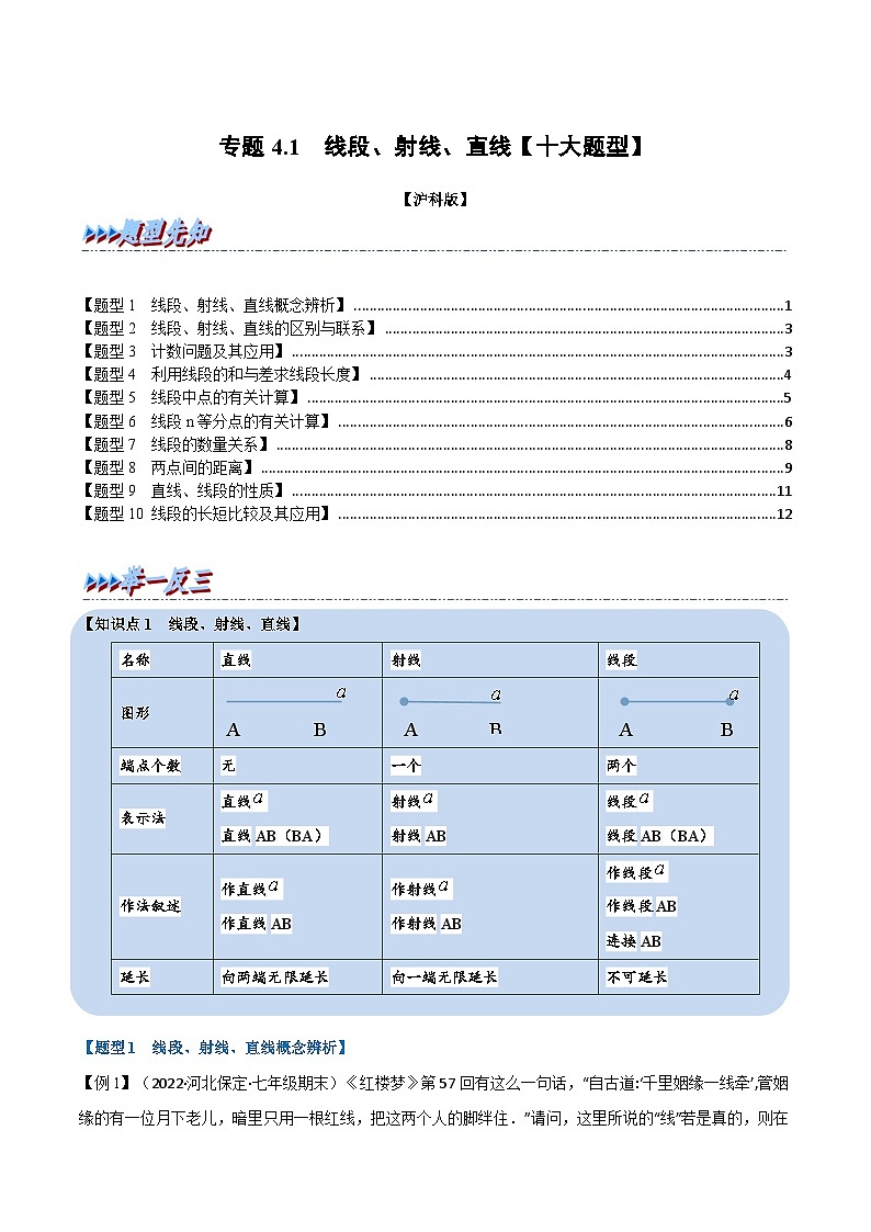 沪科版数学七上同步讲练专题4.1 线段、射线、直线【十大题型】（原卷版）第1页