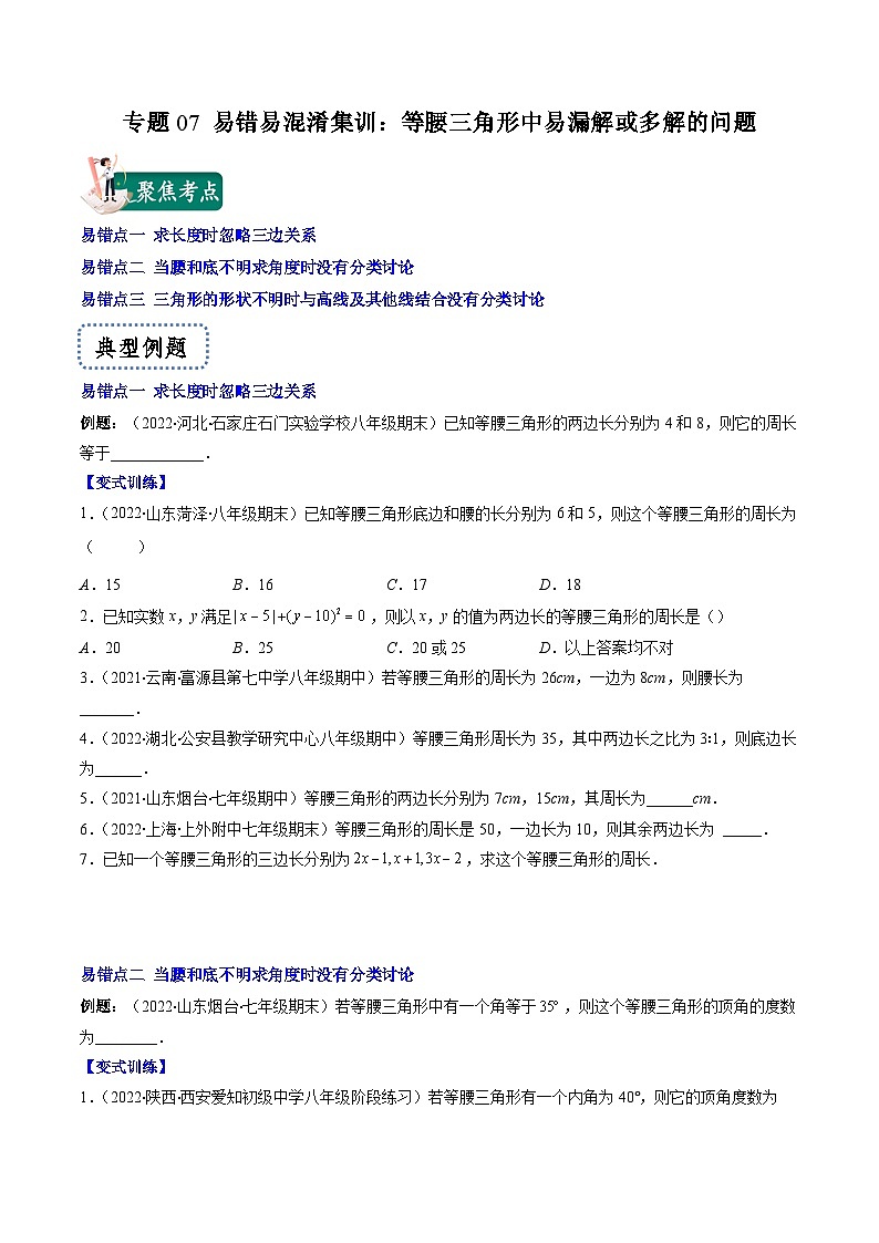 浙教版数学八上期末专题训练专题07 易错易混淆集训：等腰三角形中易漏解或多解的问题（原卷版）第1页