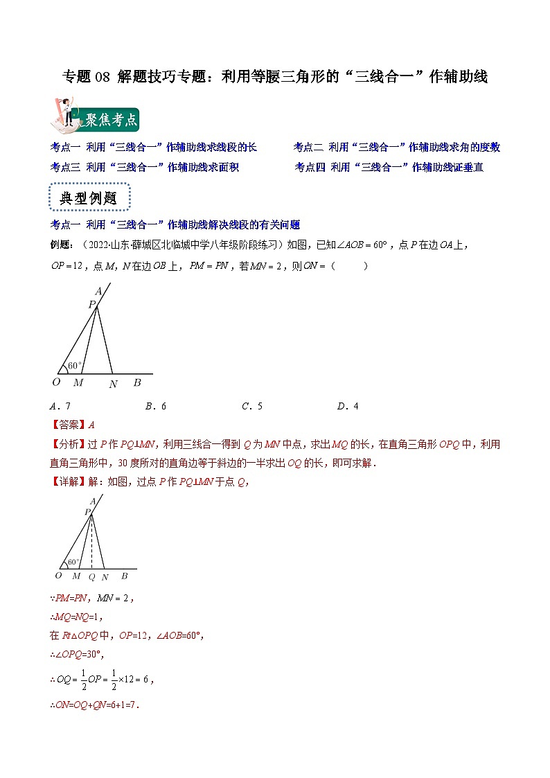 浙教版数学八上期末专题训练专题08 解题技巧专题：利用等腰三角形的“三线合一”作辅助线（解析版）第1页