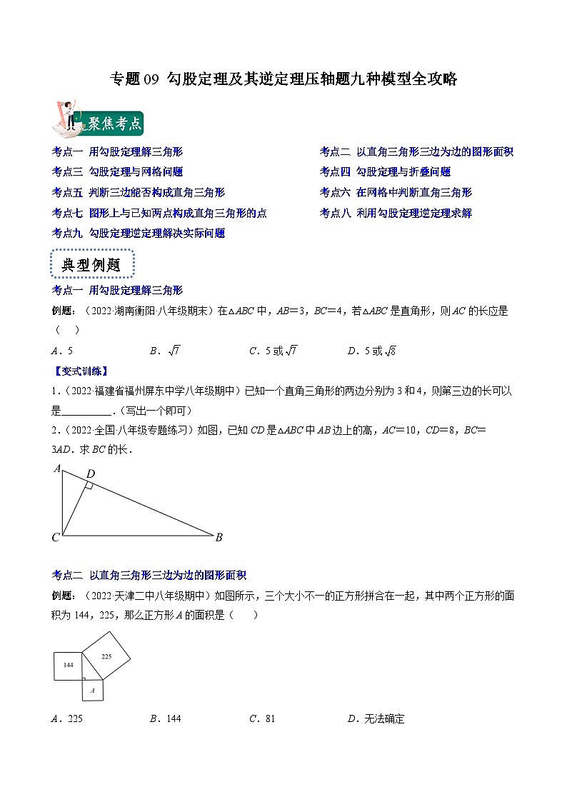 浙教版数学八上期末专题训练专题09 勾股定理及其逆定理压轴题九种模型全攻略（原卷版）第1页