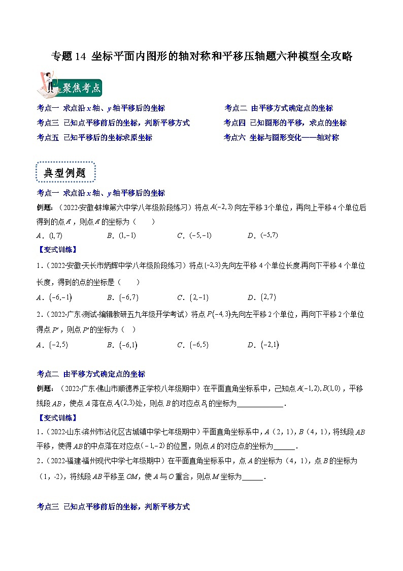 浙教版数学八上期末专题训练专题14 坐标平面内图形的轴对称和平移压轴题六种模型全攻略（原卷版）第1页