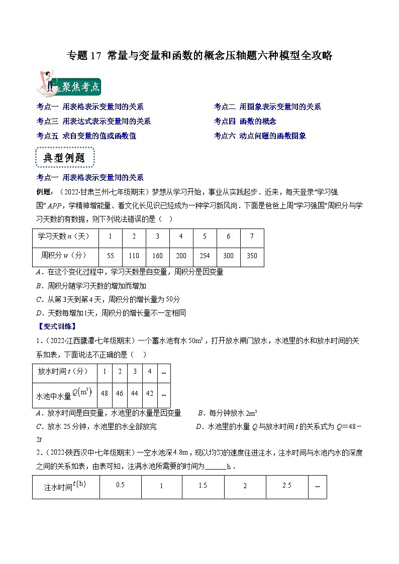 浙教版数学八上期末专题训练专题17 常量与变量和函数的概念压轴题六种模型全攻略（原卷版）第1页