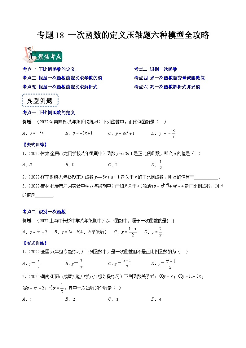 浙教版数学八上期末专题训练专题18 一次函数的定义压轴题五种模型全攻略（原卷版）第1页