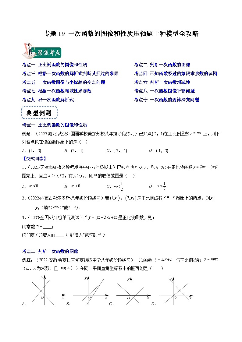 浙教版数学八上期末专题训练专题19 一次函数的图像和性质压轴题十种模型全攻略（原卷版）第1页