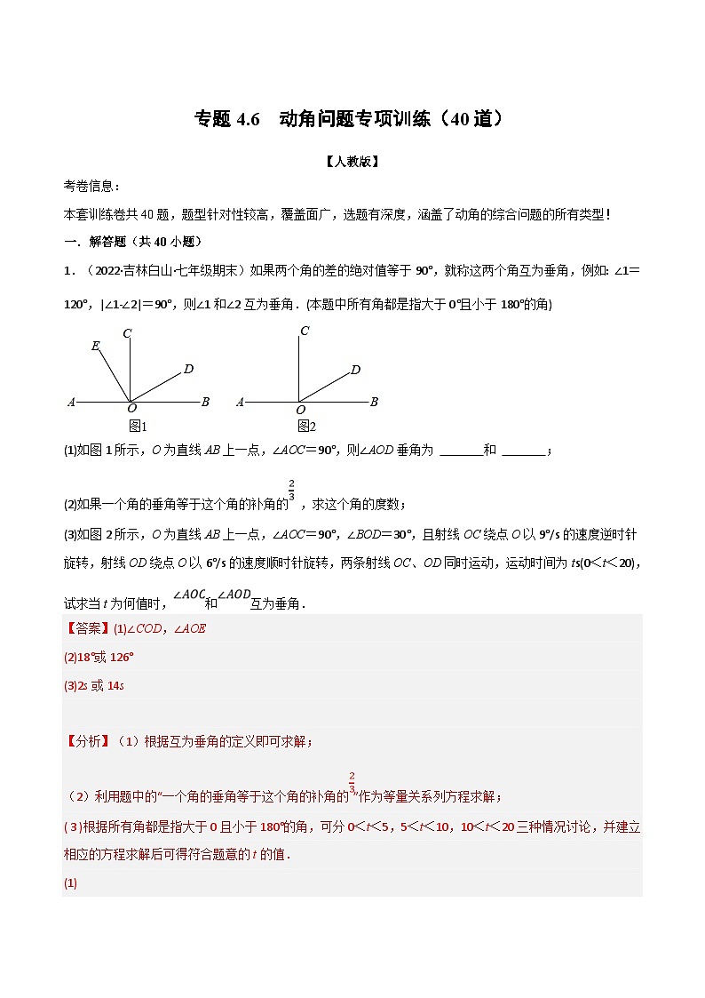 人教版数学七上同步讲练专题4.6 动角问题专项训练（40道）（解析版）第1页