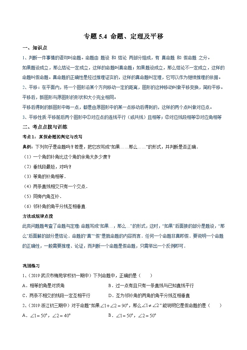 人教版数学七年级下册同步讲练测专题5.4 命题、定理及平移讲练（原卷版）第1页