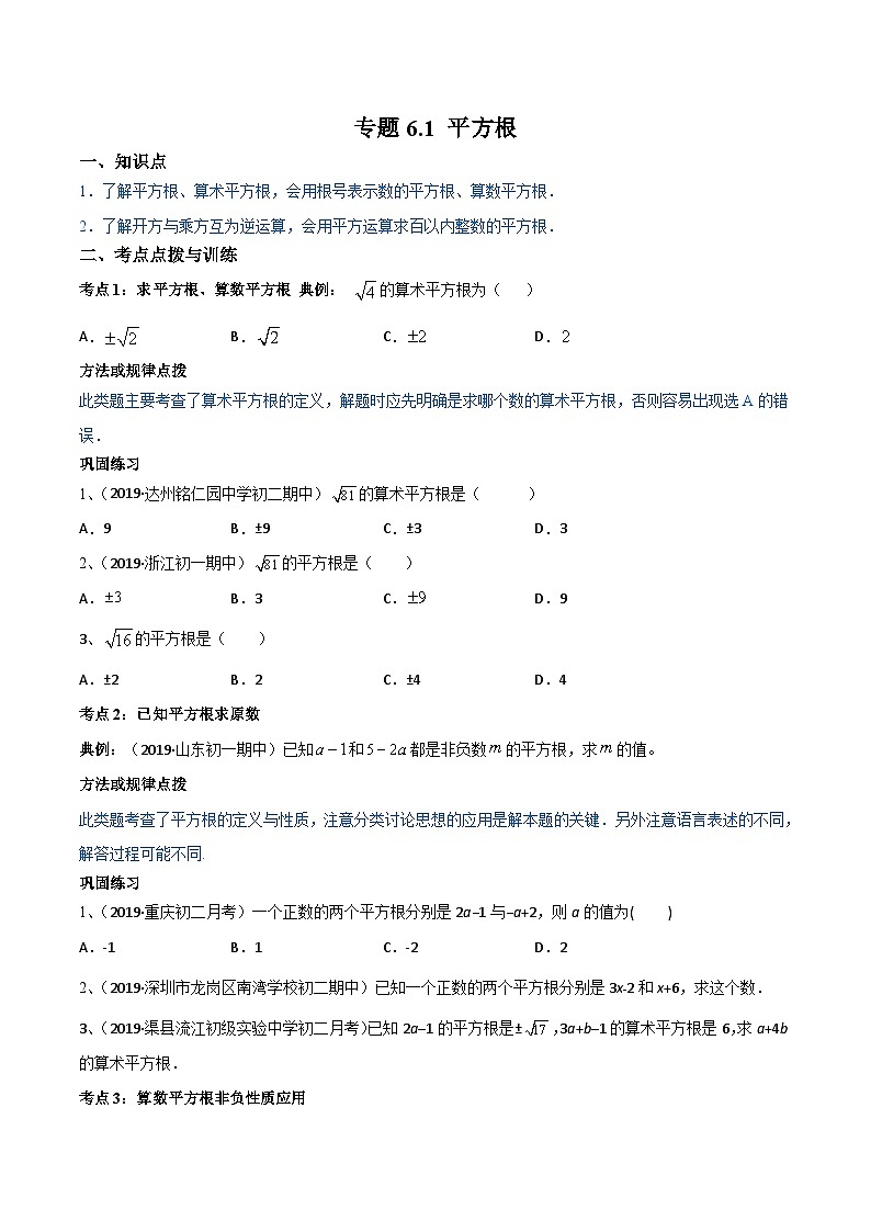人教版数学七年级下册同步讲练测专题6.1 平方根（讲练）（原卷版）第1页