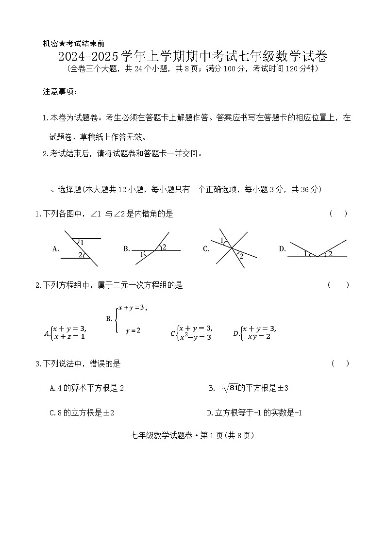 2024-2025学年上学期期中考试七年级数学试卷第1页