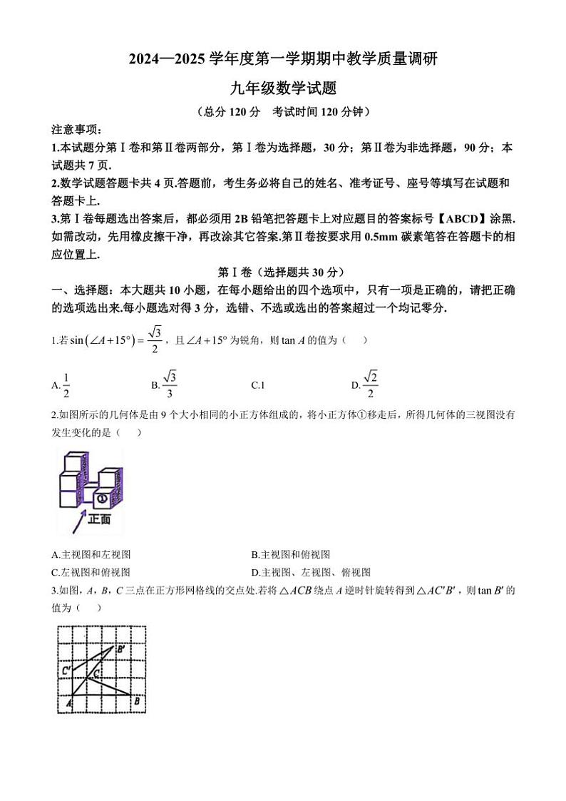 2024～2025学年山东省东营市利津县九年级(上)期中数学试卷(含答案)第1页