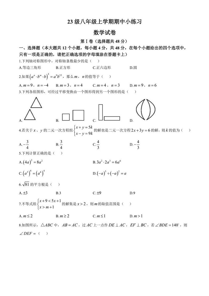 2024～2025学年四川省眉山市东坡区实验初级中学八年级(上)期中数学试卷(无答案)第1页