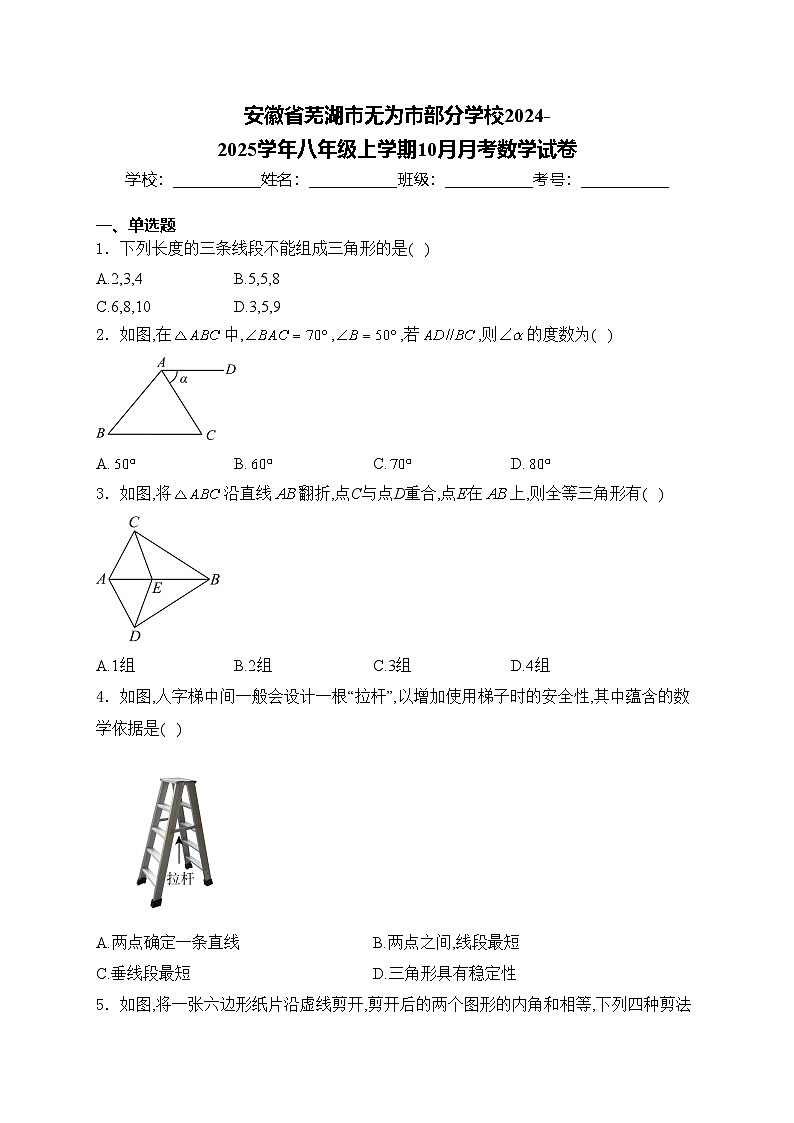 安徽省芜湖市无为市部分学校2024-2025学年八年级上学期10月月考数学试卷(含答案)第1页
