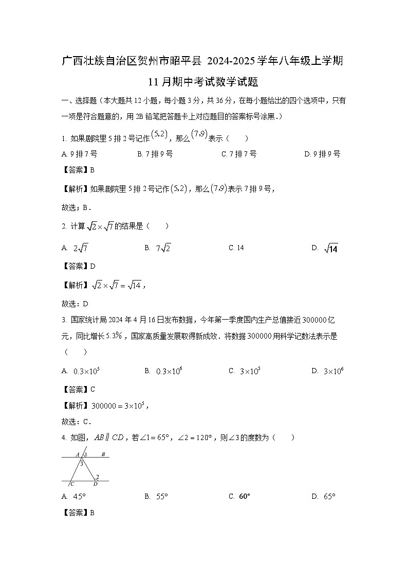 2024~2025学年广西壮族自治区贺州市昭平县八年级上学期11月期中考试数学试卷(解析版)第1页