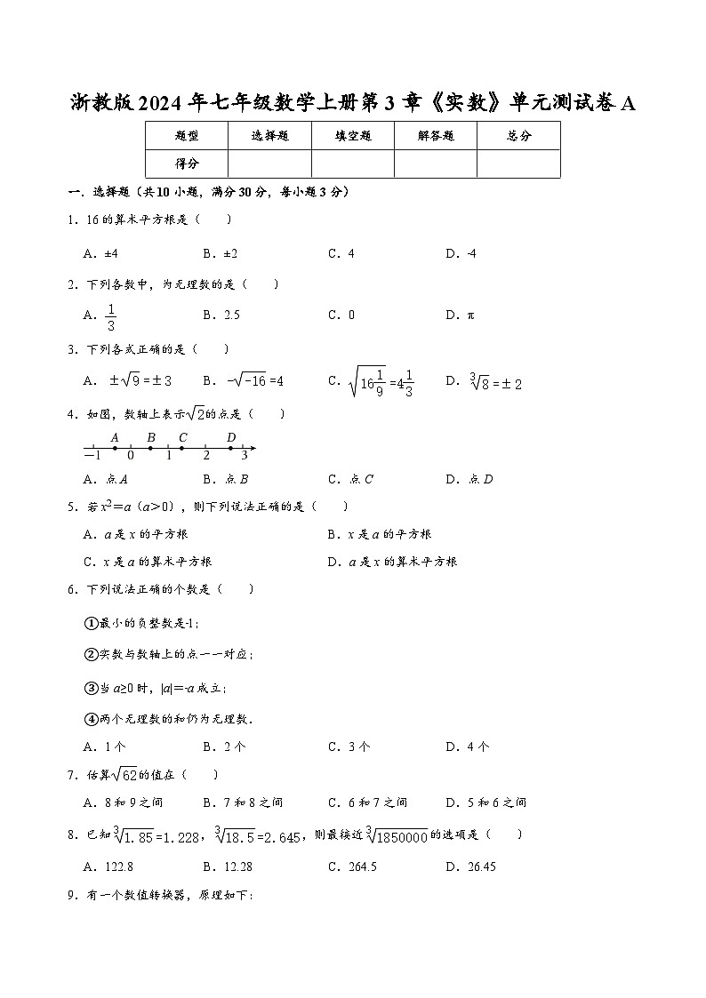 浙教版2024年七年级数学上册第3章《实数》单元测试卷A  含答案第1页