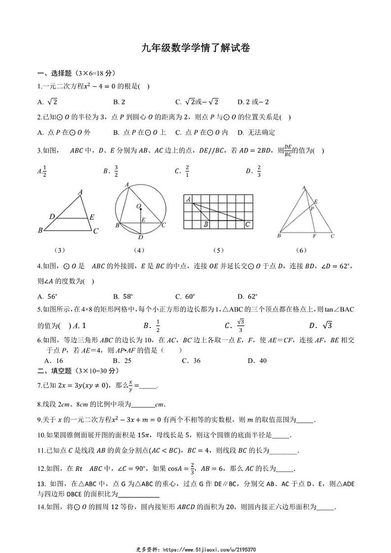 2024～2025学年江苏省泰州市姜堰区城西实验学校九年级(上)第二次月考数学试卷(无答案)第1页