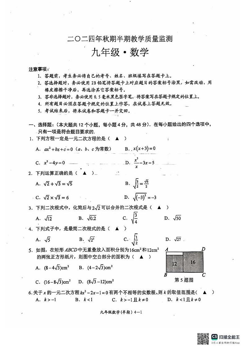 四川省宜宾市江安县2024-2025学年九年级上学期期中检测数学试题第1页