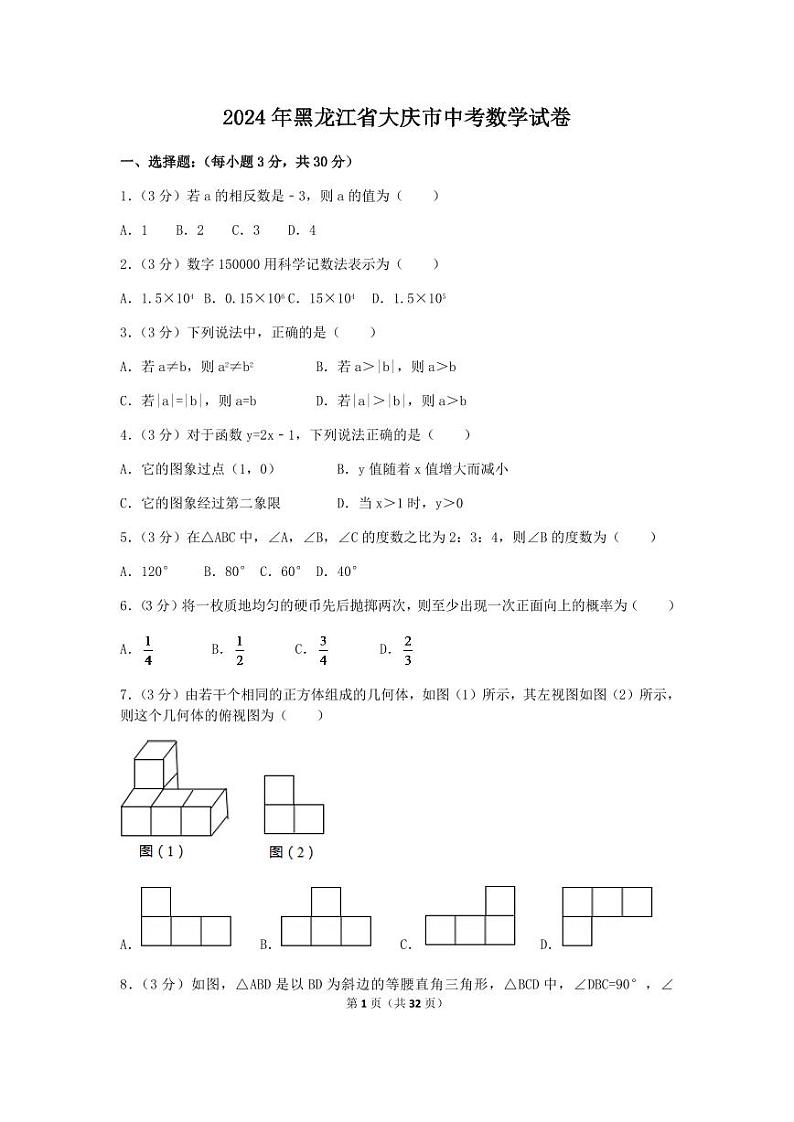 2024年黑龙江省大庆市中考数学模拟试卷（含解析版）第1页