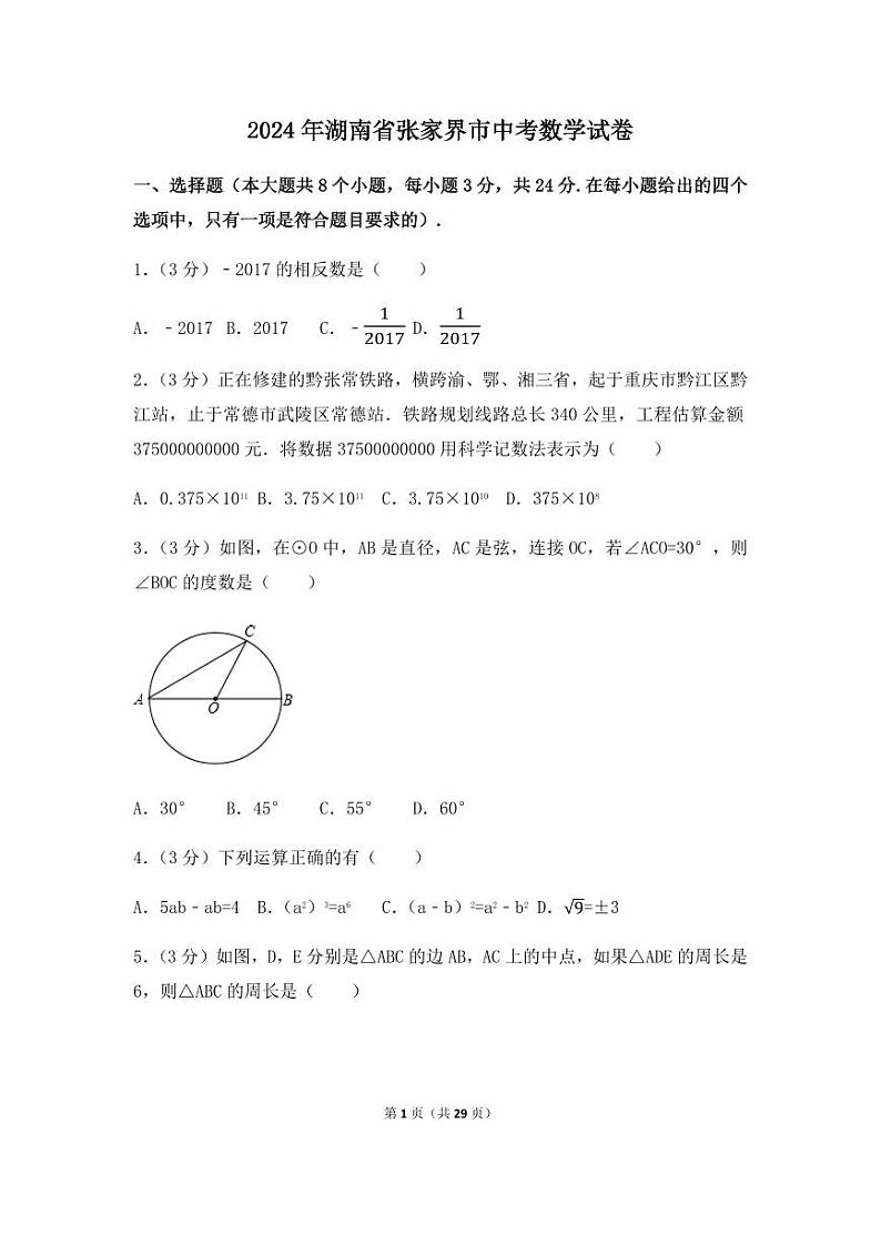 2024年湖南省张家界市中考数学模拟试卷（含解析版）第1页