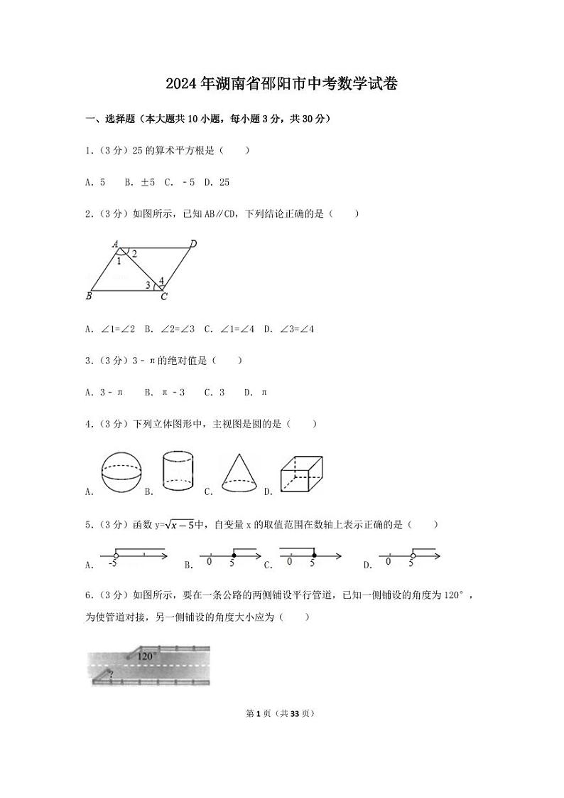2024年湖南省邵阳市中考数学模拟试卷（含解析版）第1页