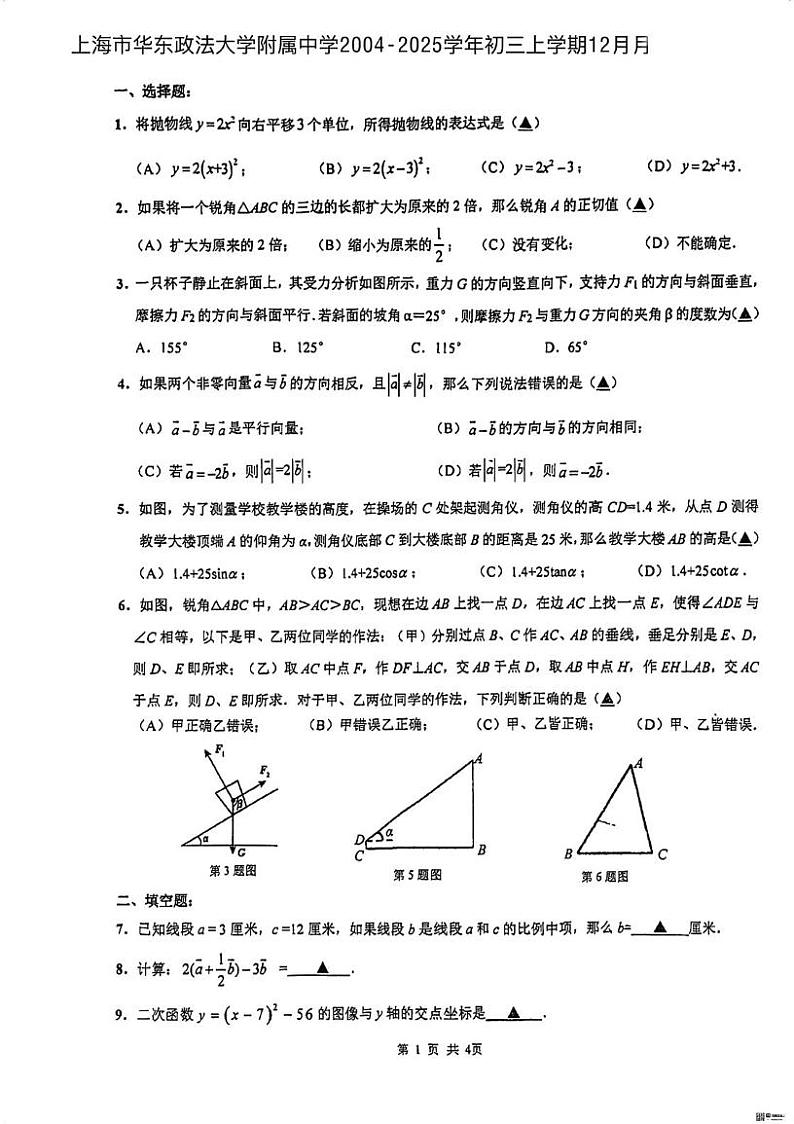 上海市华东政法大学附属中学2024-2025学年九年级上学期12月月考数学试卷第1页