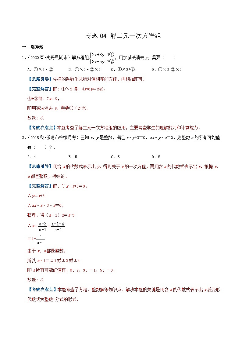 人教版数学七年级下册期末压轴题训练专题04  解二元一次方程组（解析版）第1页