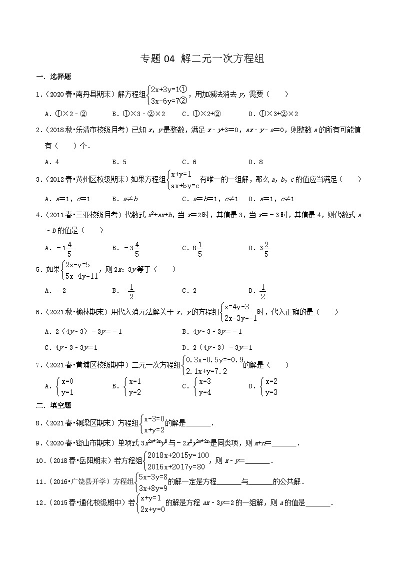 人教版数学七年级下册期末压轴题训练专题04  解二元一次方程组（原卷版）第1页