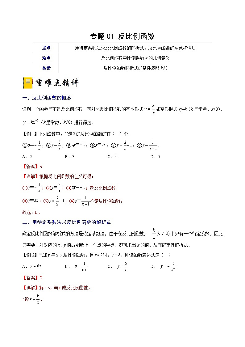 人教版数学九年级下册综合训练卷专题01 反比例函数（重难点突破）（解析版）第1页