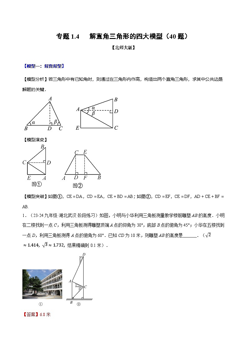 专题1.4 解直角三角形的四大模型（40题）（北师大版）（解析版）第1页