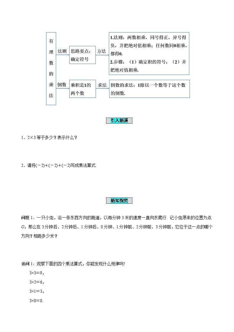 人教版数学七年级上册1.4.1 有理数的乘法（第1课时 有理数的乘法法则）（导学案）第2页