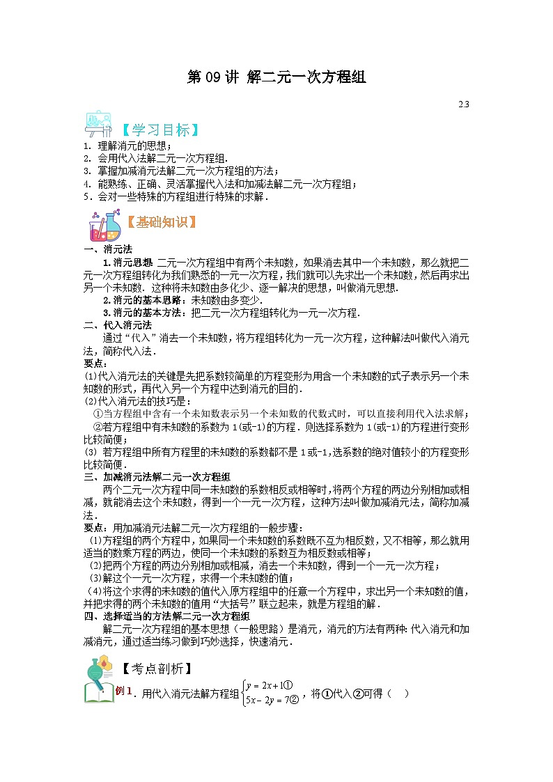 (寒假)浙教版数学七年级寒假讲练测第09讲 解二元一次方程组（原卷版）第1页