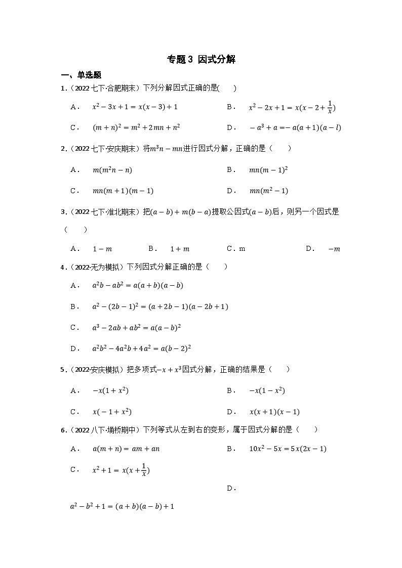 (安徽版)中考数学一轮复习专题训练专题3 因式分解（含答案）第1页