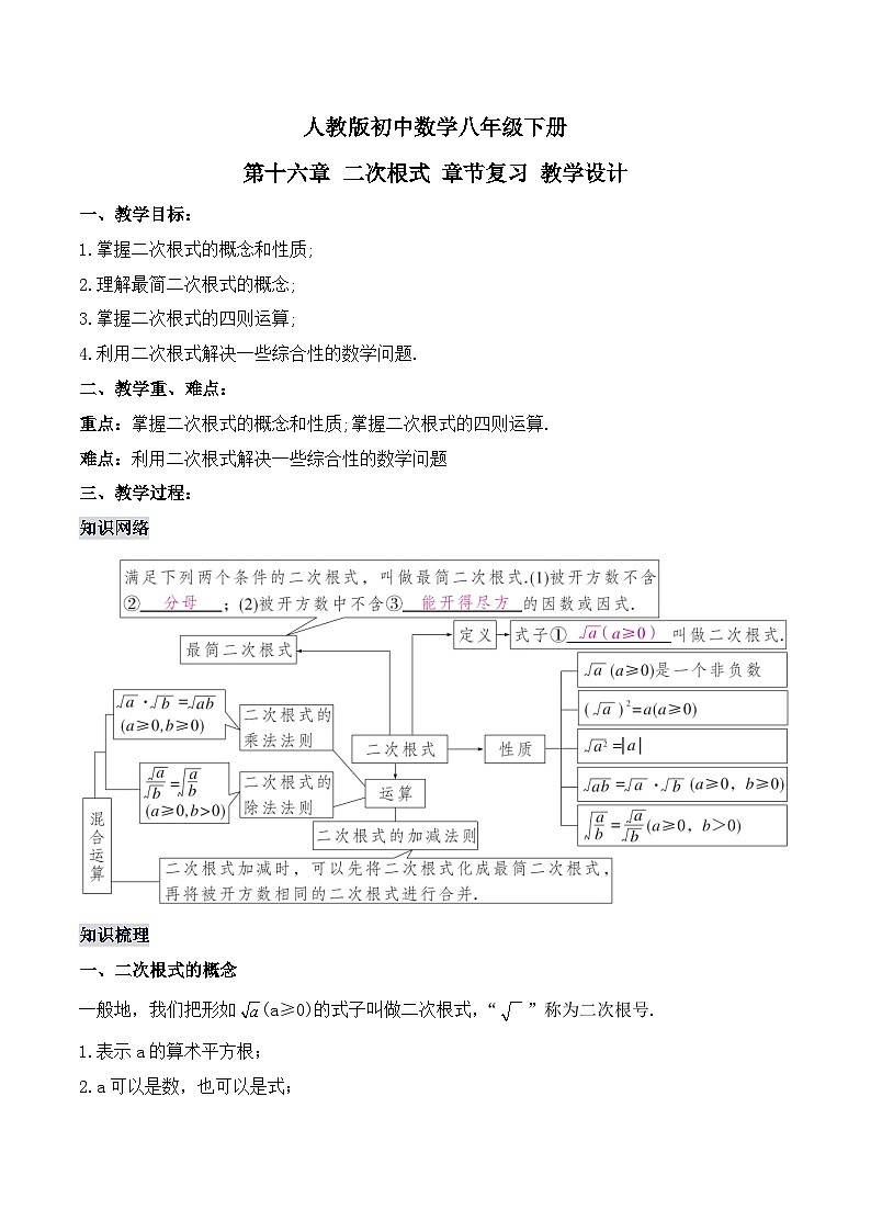 人教版数学八年级下册第十六章 二次根式 章节复习（教学设计）第1页