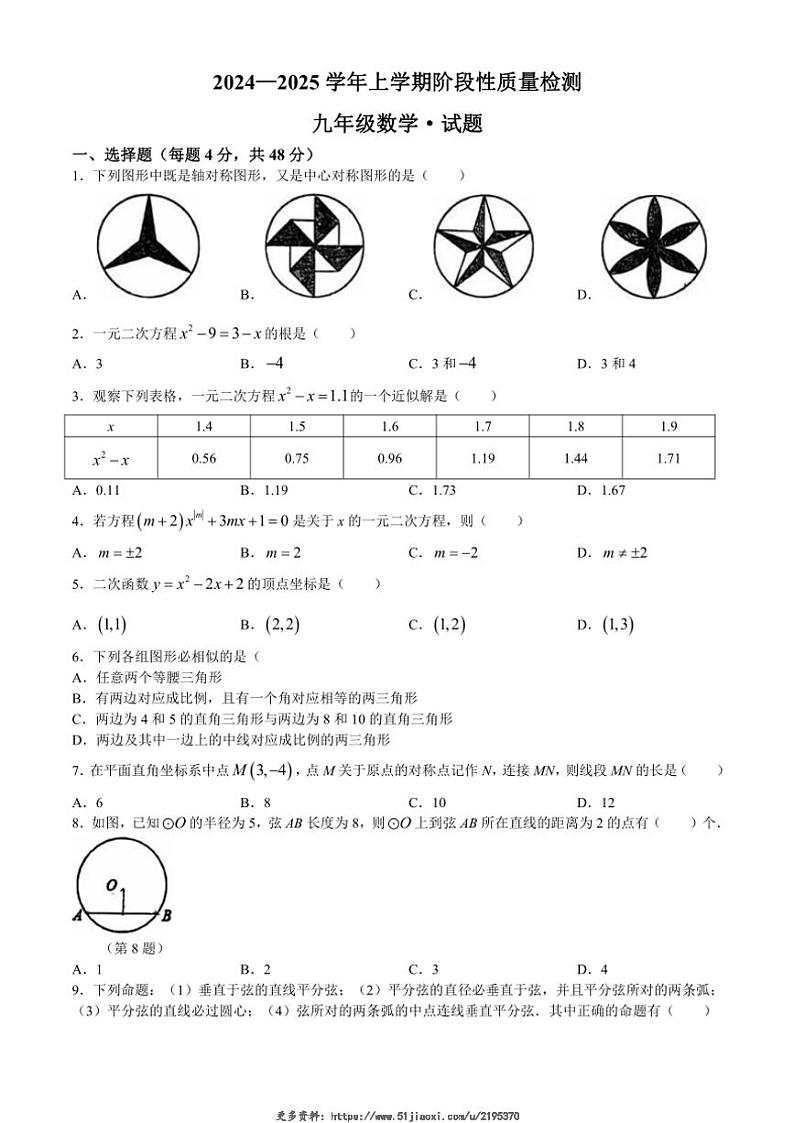 2024～2025学年山东德州德城区第五中学九年级(上)2次月考数学试卷(含答案)第1页