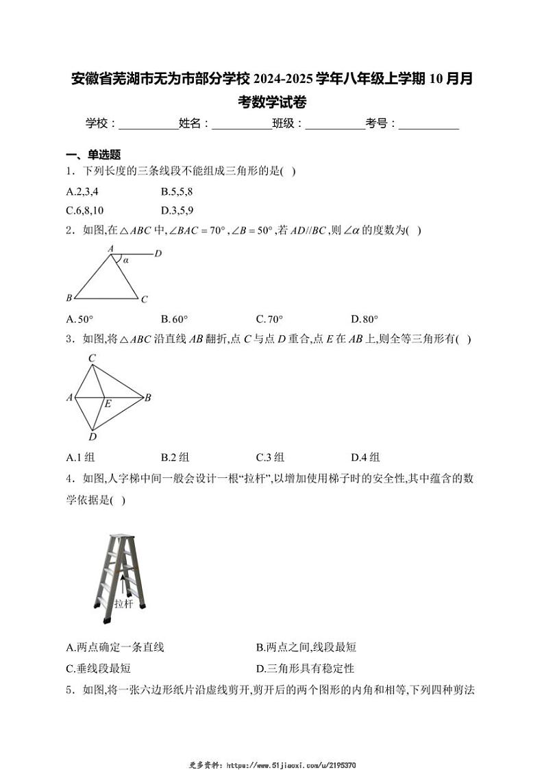 2024～2025学年安徽省芜湖市无为市部分学校八年级(上)10月月考数学试卷(含详解)第1页