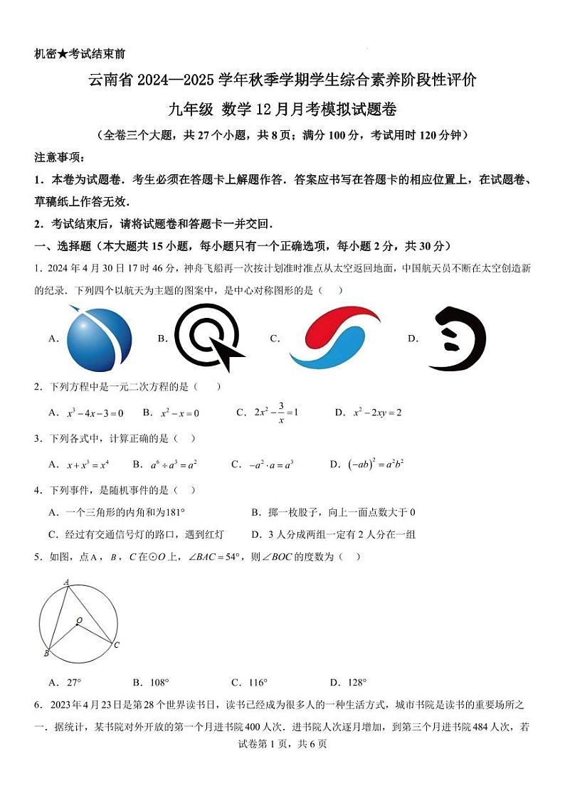 云南省2024—2025学年秋季学期学生综合素养阶段性评价九年级 数学12月月考模拟试题卷第1页