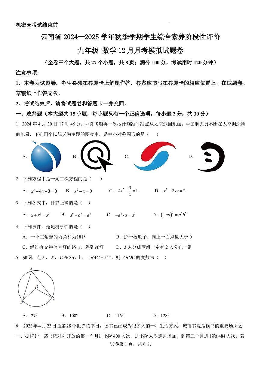 云南省2024—2025学年秋季学期学生综合素养阶段性评价九年级 数学12月月考模拟试题卷第1页