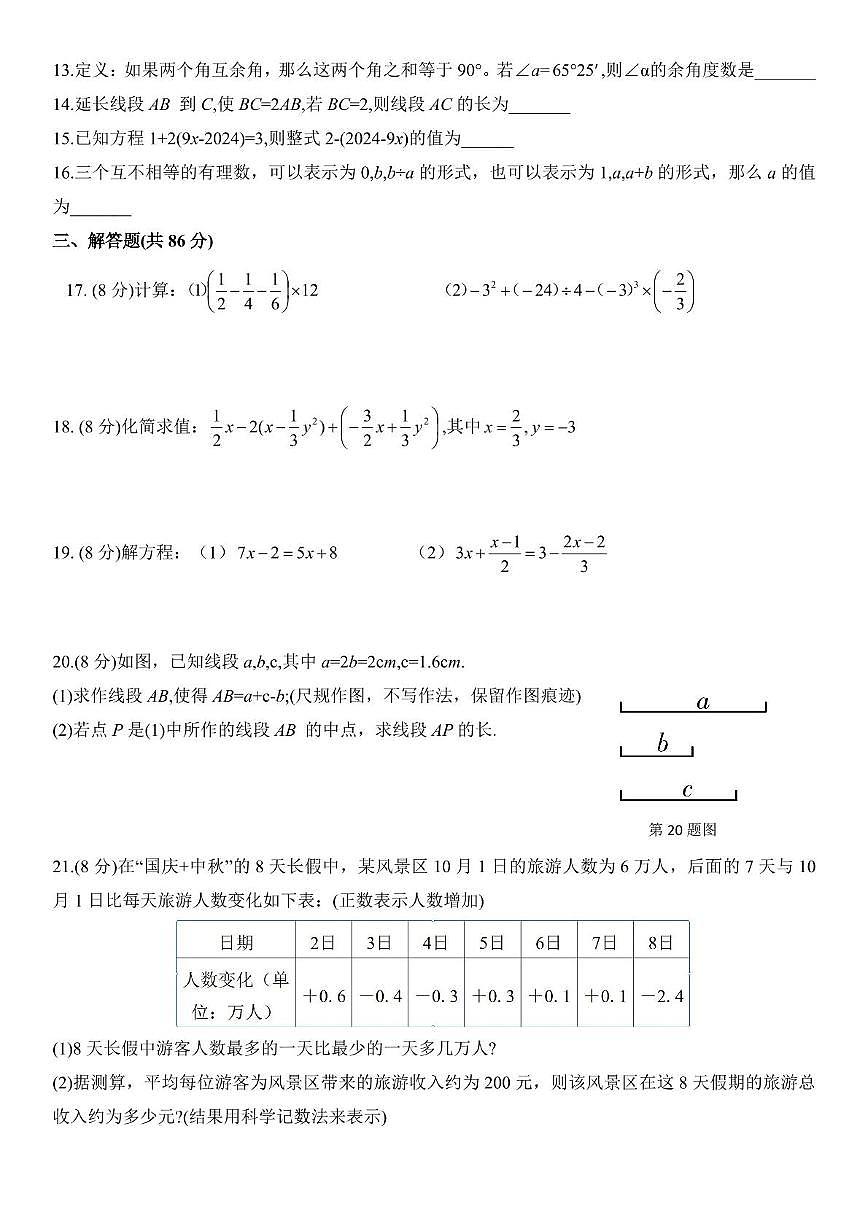 福建省福州超德中学2024-2025学年七年级上学期数学学科12月适应性练习第2页