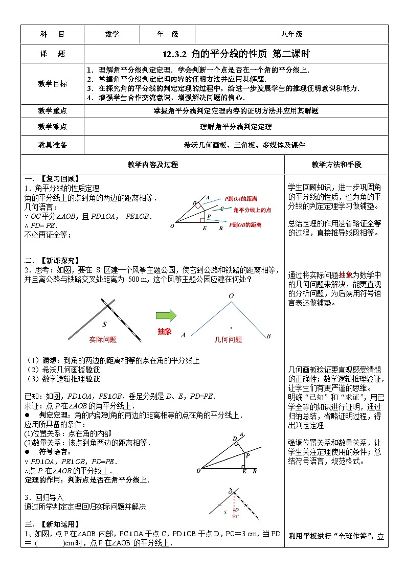 初中数学人教版八年级上册《角的平分线的性质》第二课时 教案第1页