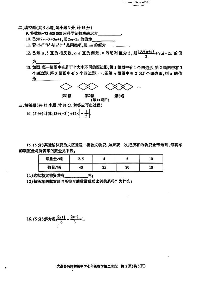 2024～2025学年陕西省渭南市大荔县冯翊初级中学第二阶段七年级(上)数学试卷(无答案)第2页