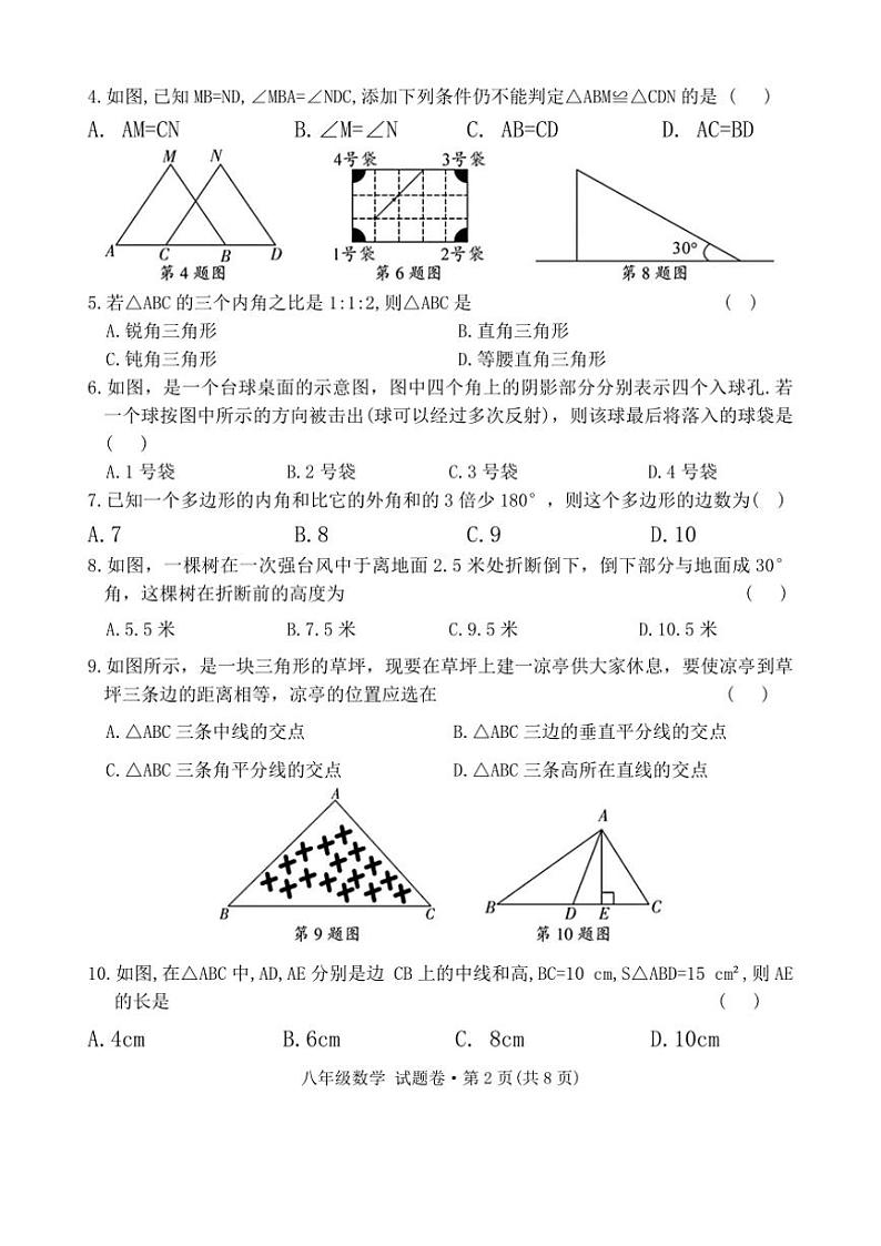 2024～2025学年云南省曲靖市民族中学八年级(上)期末模拟数学试卷(无答案)第2页