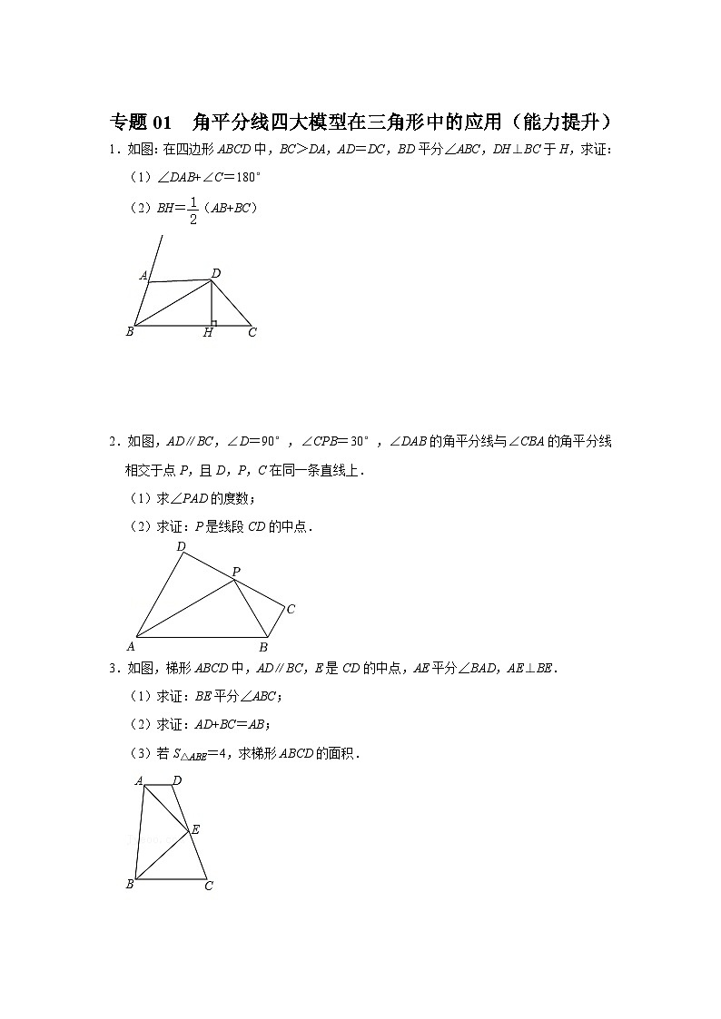 中考数学二轮培优训练 专题01  角平分线四大模型在三角形中的应用（能力提升）（原卷版）第1页