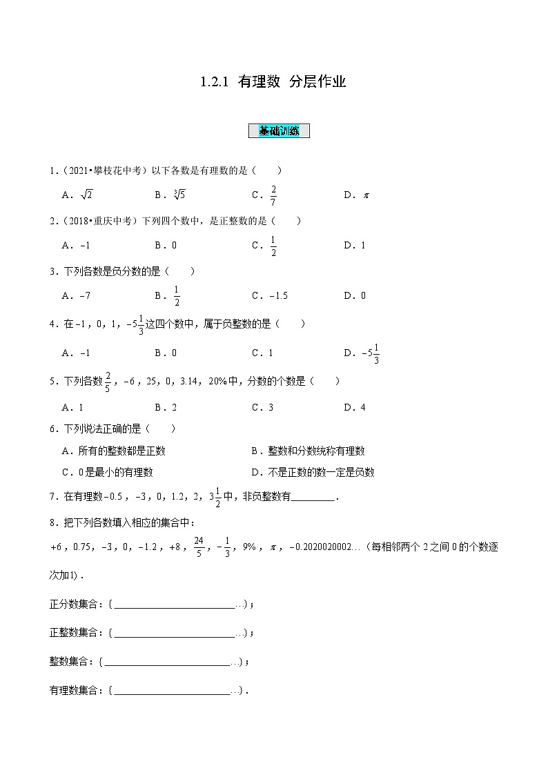 人教版数学七年级上册1.2.1 有理数（分层作业）【原卷版】第1页