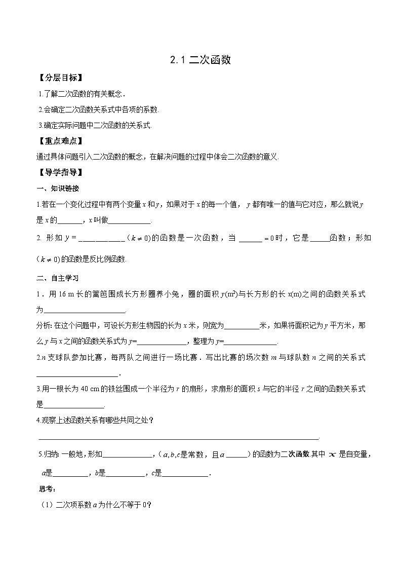 2.1 二次函数 北师大版数学九年级下册学案第1页