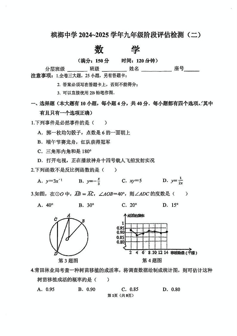 福建省厦门市槟榔中学2024-2025学年上学期12月月考九年级数学试卷第1页