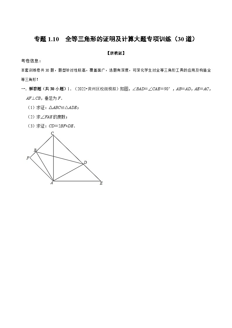 浙教版数学八上题型分类训练专题1.10 全等三角形的证明及计算大题专项训练（30道）（原卷版）第1页