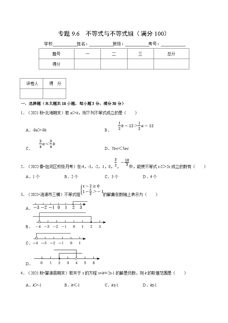 人教版数学七下重难点培优训练专题9.6 不等式与不等式组（压轴题综合训练卷）（原卷版）第1页