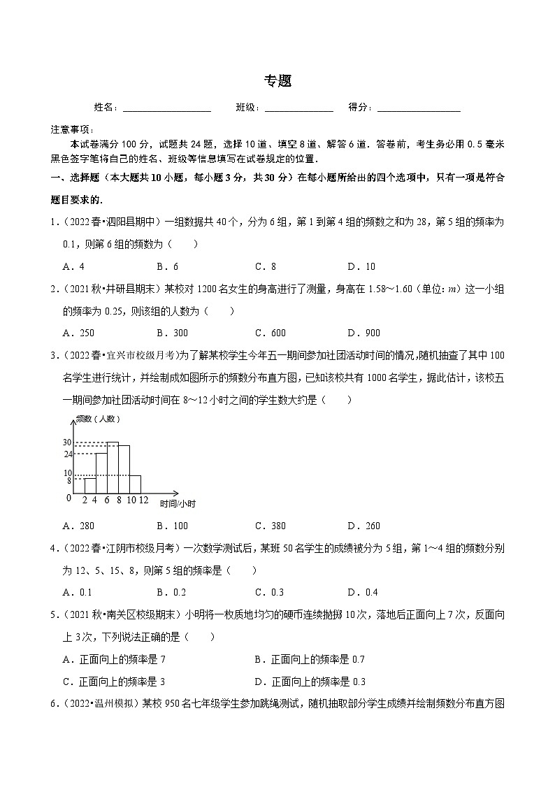 人教版数学七下同步培优训练专题10.2直方图（原卷版）第1页