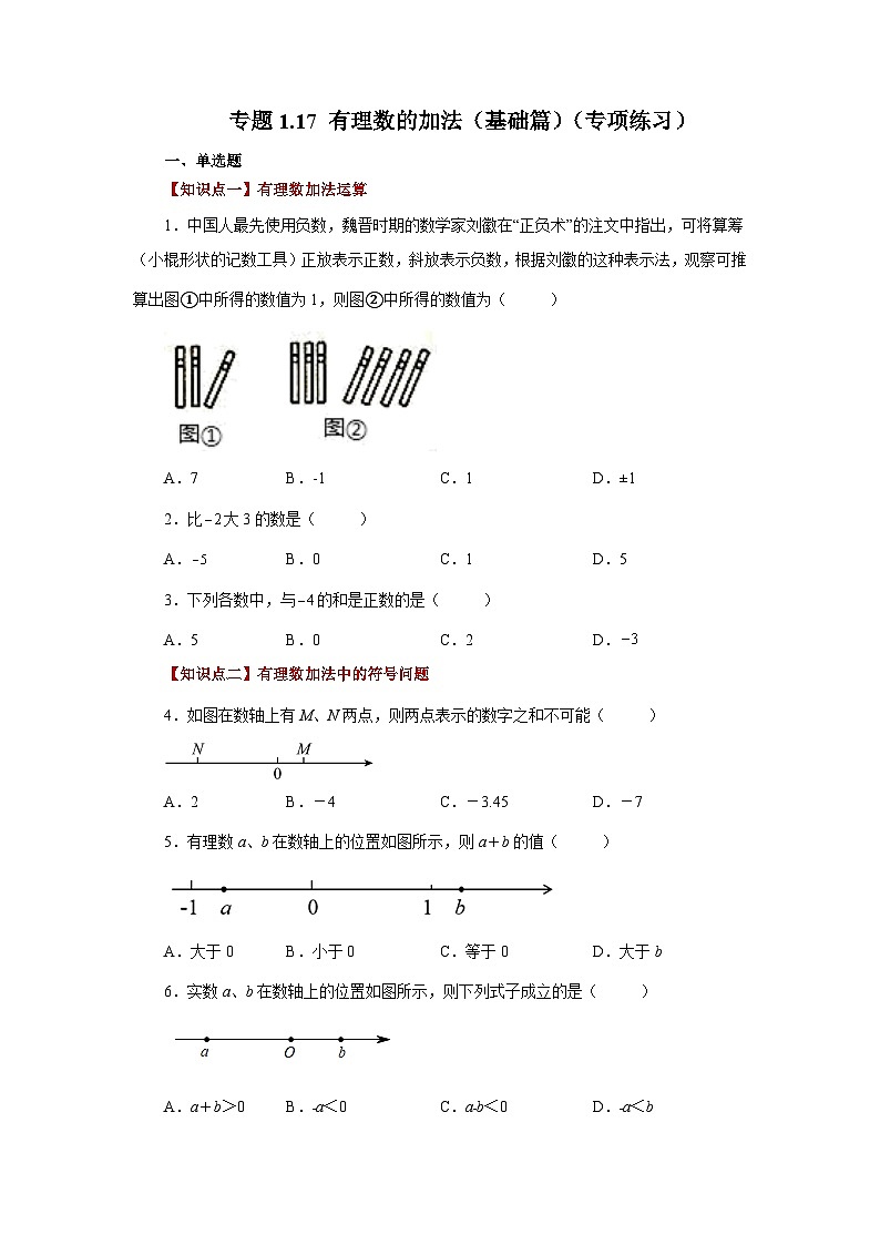 人教版数学七上同步专题1.17 有理数的加法（基础篇）（专项练习）（含解析）第1页