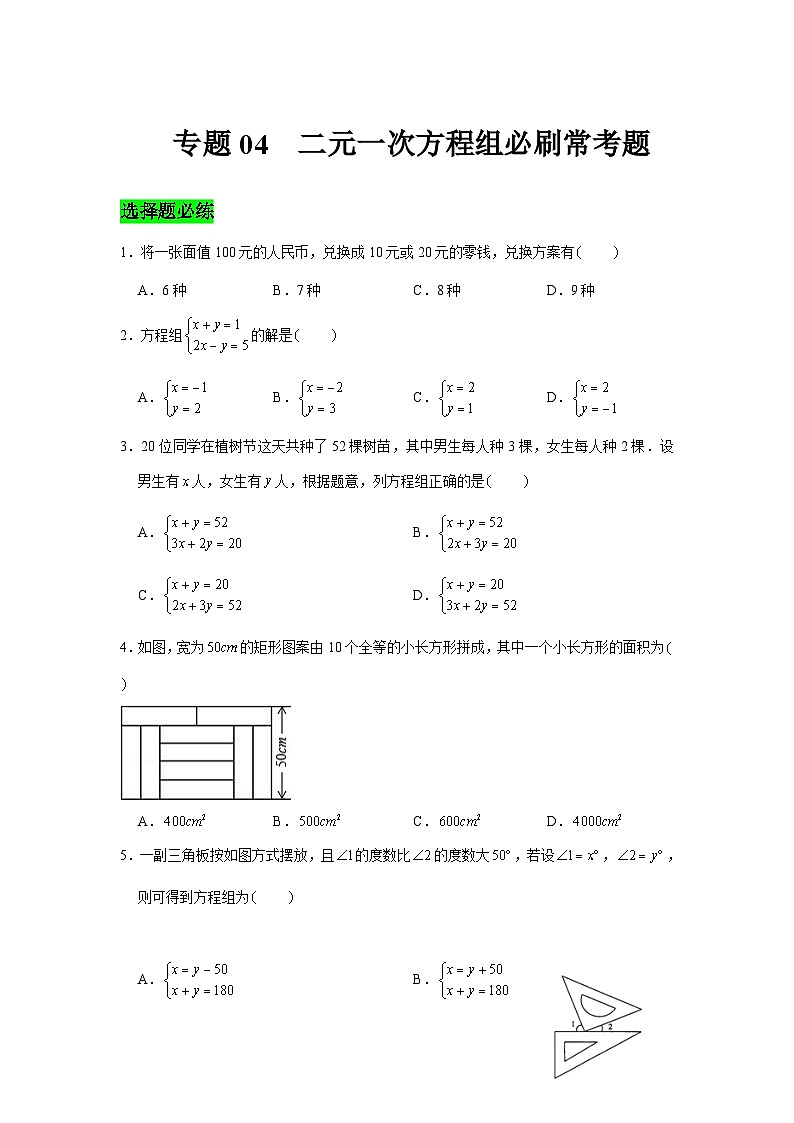 人教版数学七下期末提升训练专题04  二元一次方程组必刷常考题（含答案详解）第1页